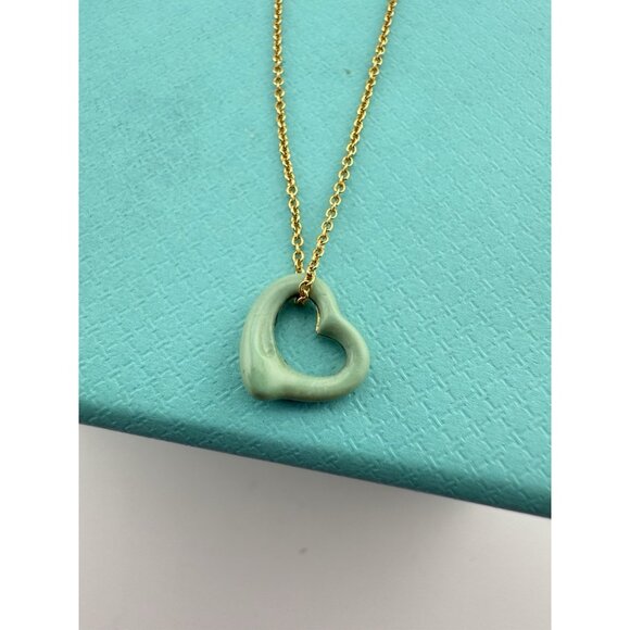 Tiffany & Co. 18k Elsa Peretti 11mm Turquoise Open Heart Necklace 16" - Picture 1 of 8